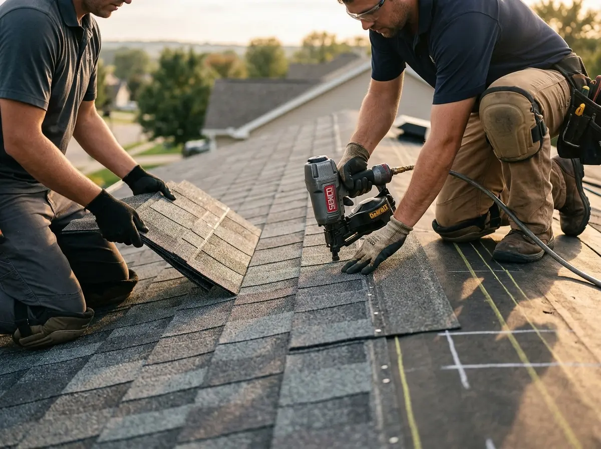 Professional roofer working on a residential roof in Michigan City